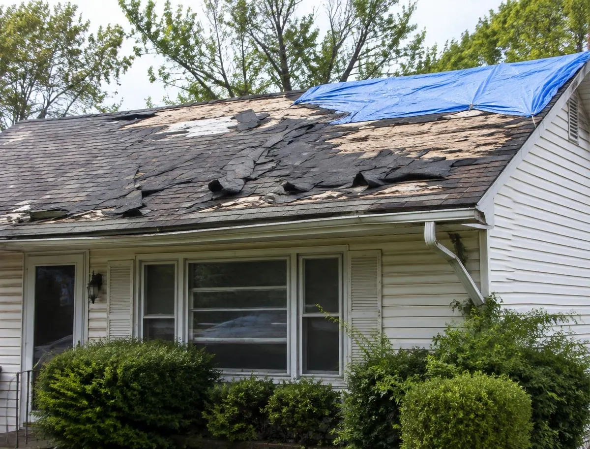House with a damaged roof and missing shingles